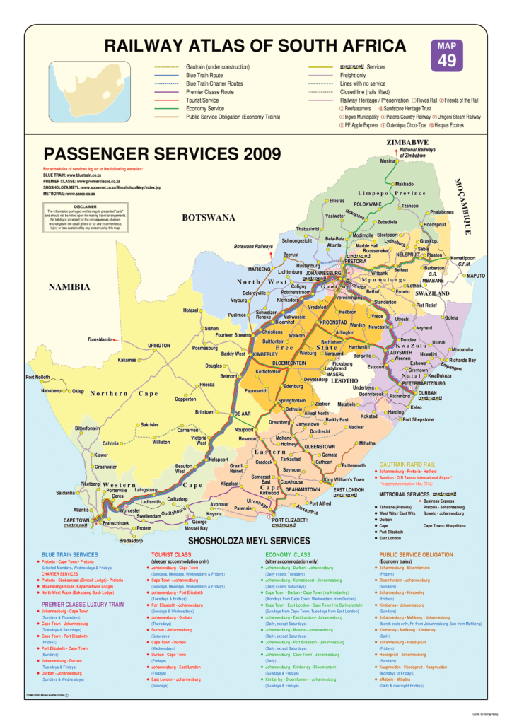 Carte du réseau ferroviaire d'Afrique du Sud.