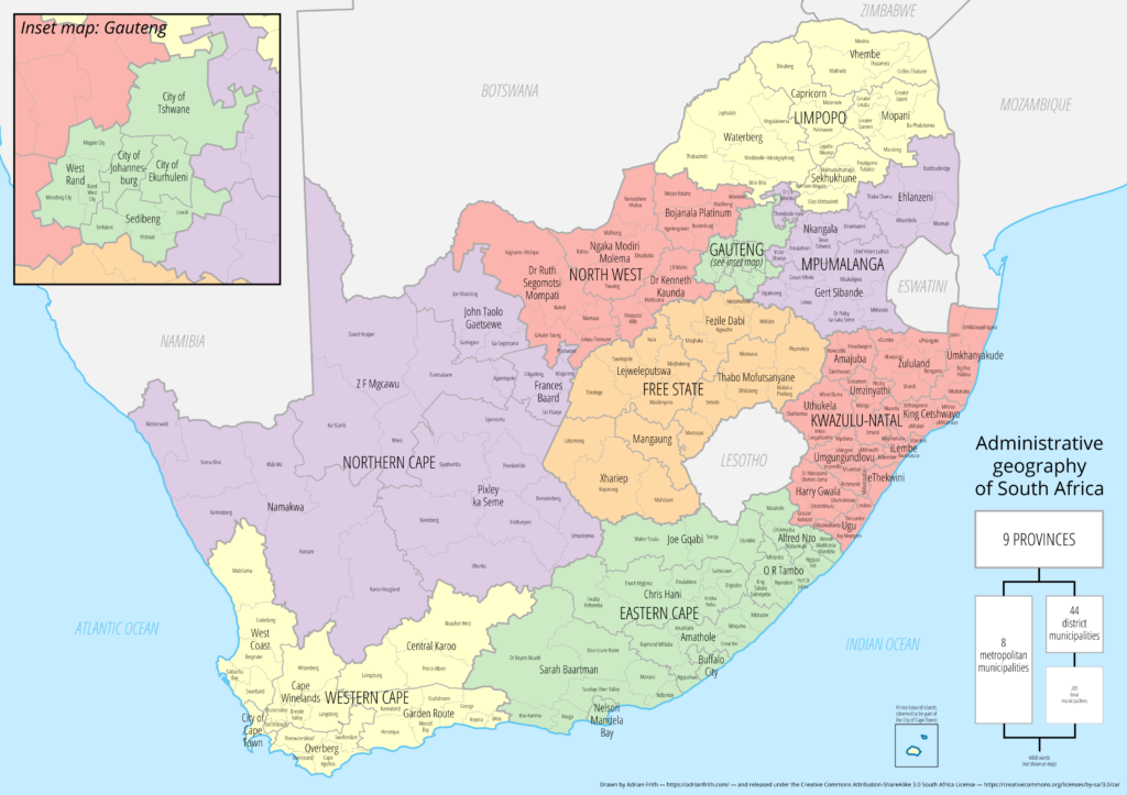 Carte des divisions administratives de l'Afrique du Sud.