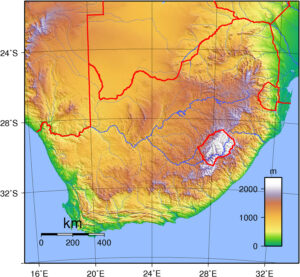 Carte topographique de l'Afrique du Sud.