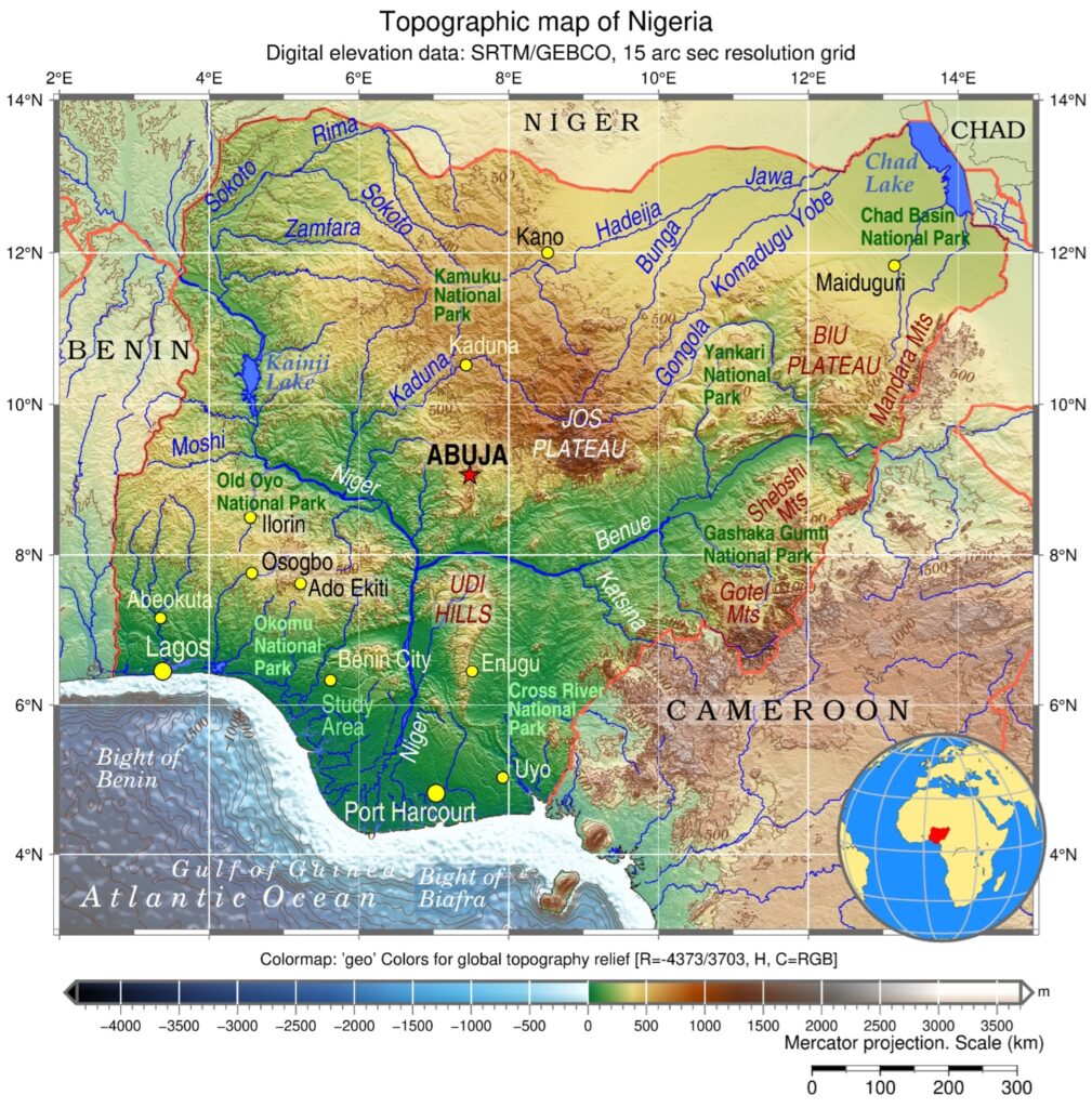 Carte physique du Nigeria