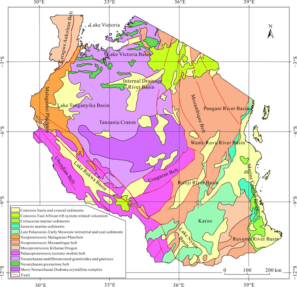 Carte géologique de la Tanzanie.