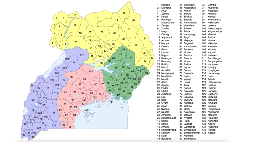 Carte des districts de l'Ouganda.