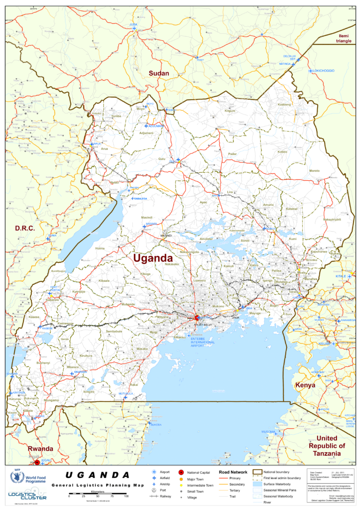 Carte du réseau routier de l'Ouganda.