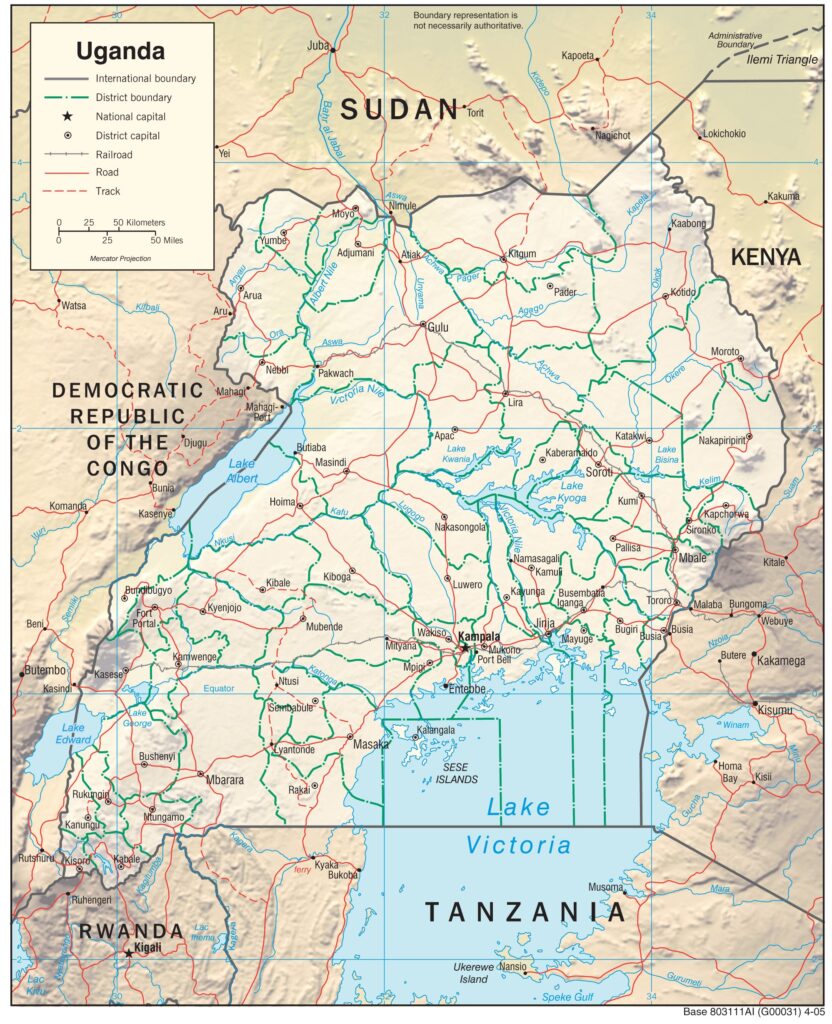 Carte physique de l'Ouganda.