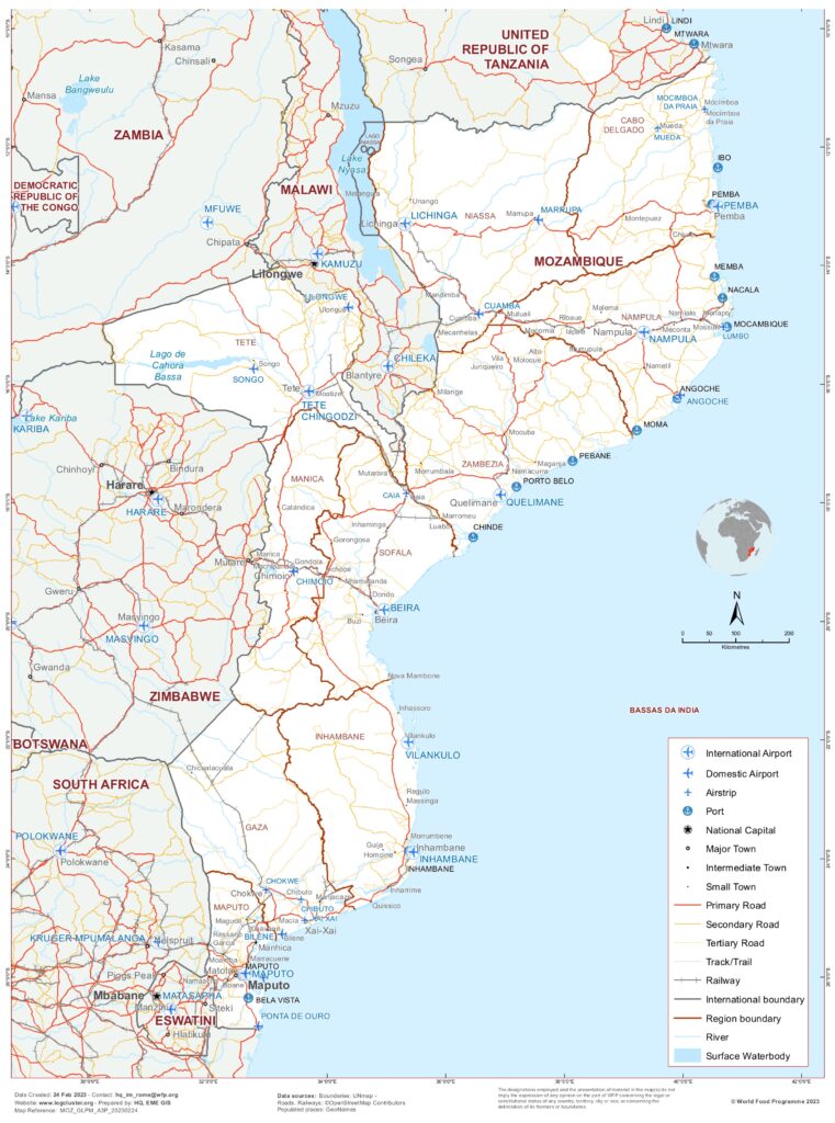 Carte routière du Mozambique.