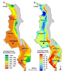 Précipitations et températures annuelles moyennes du Malawi.