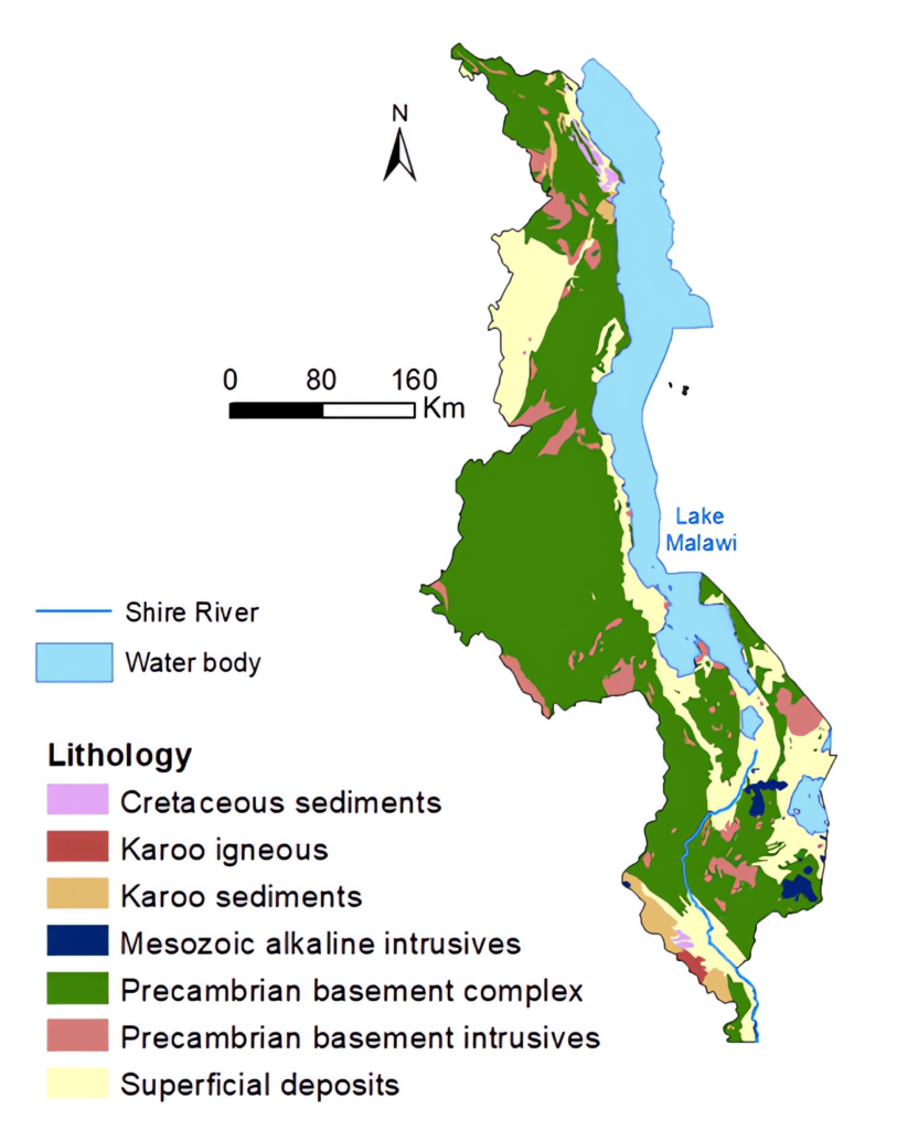 Carte géologique du Malawi.