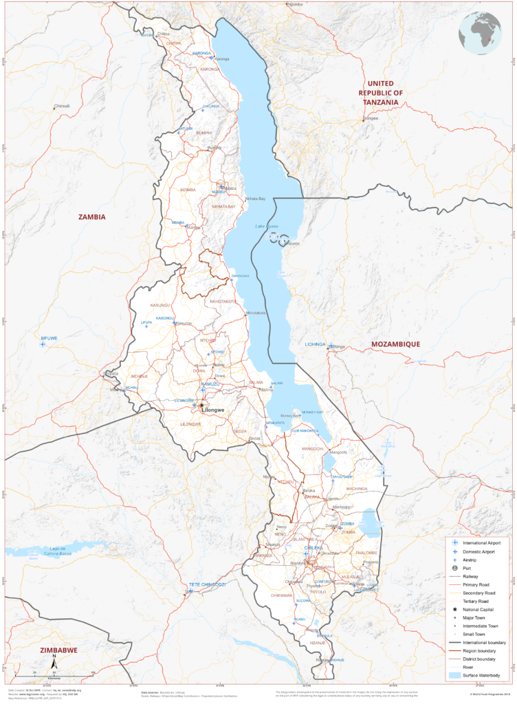 Carte routière du Malawi.