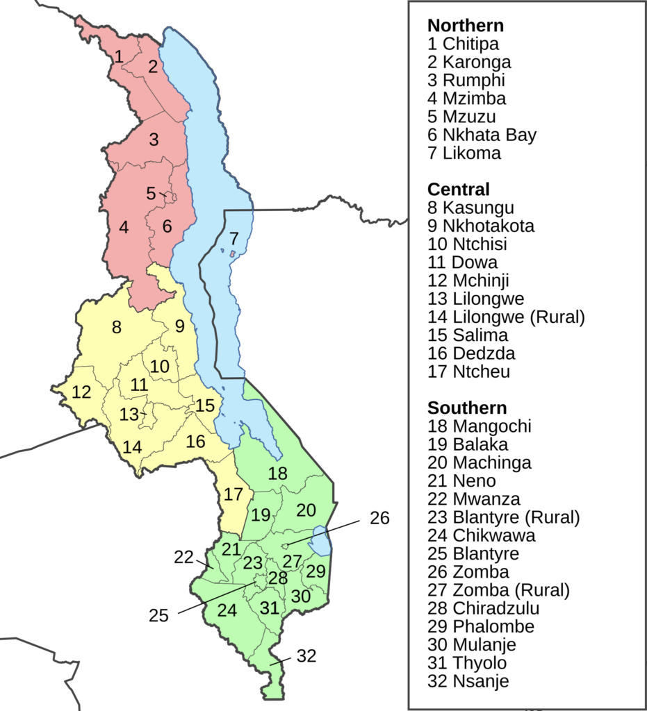 Carte des districts du Malawi.