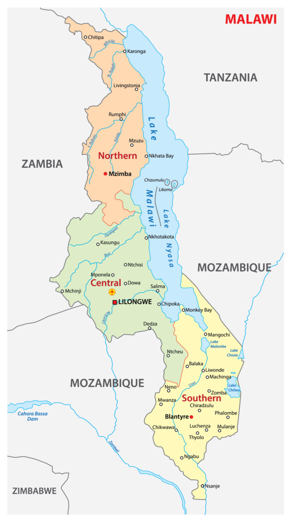 Carte politique du Malawi.