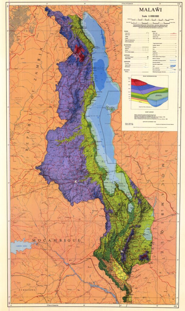 Carte physique du Malawi.