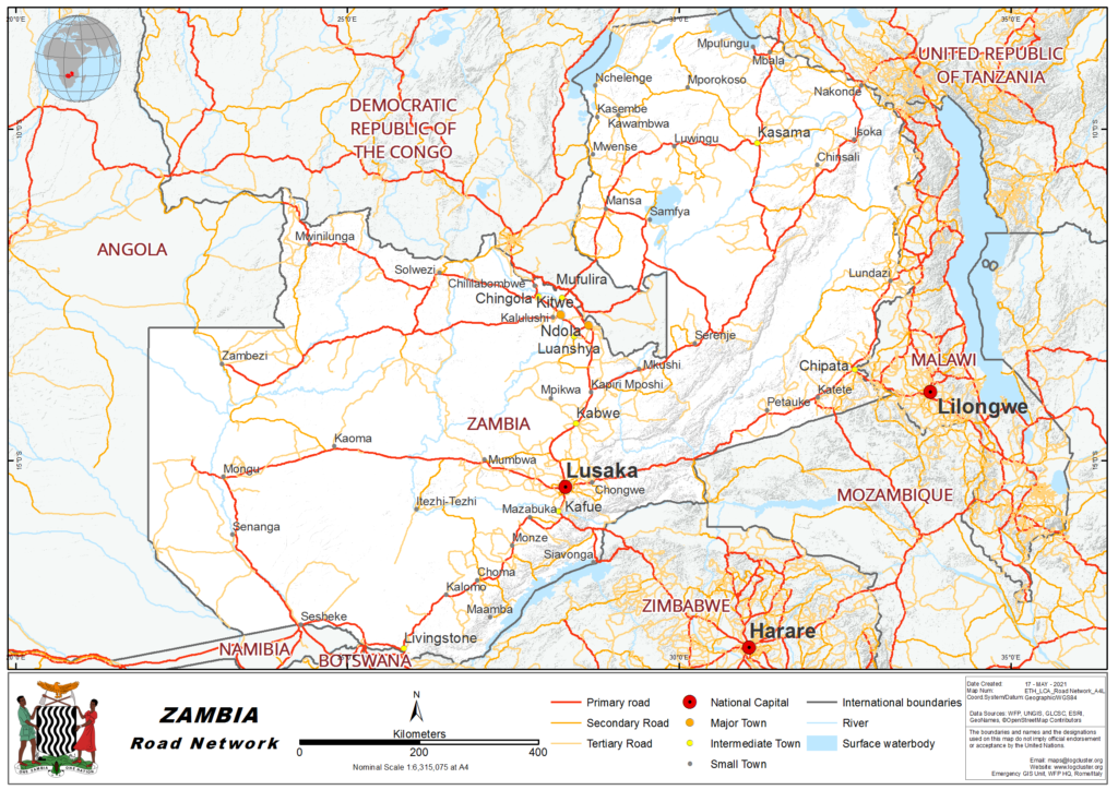 Carte routière de la Zambie.