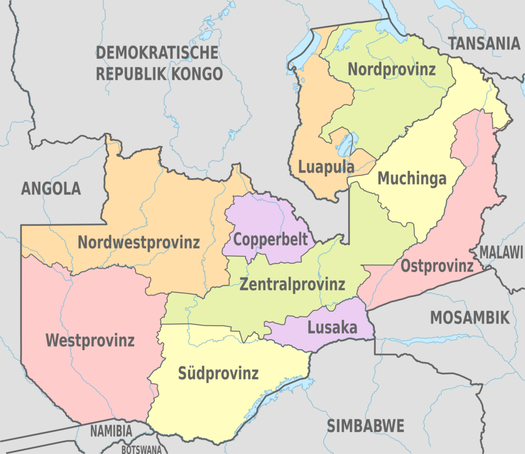 Carte des provinces de Zambie.