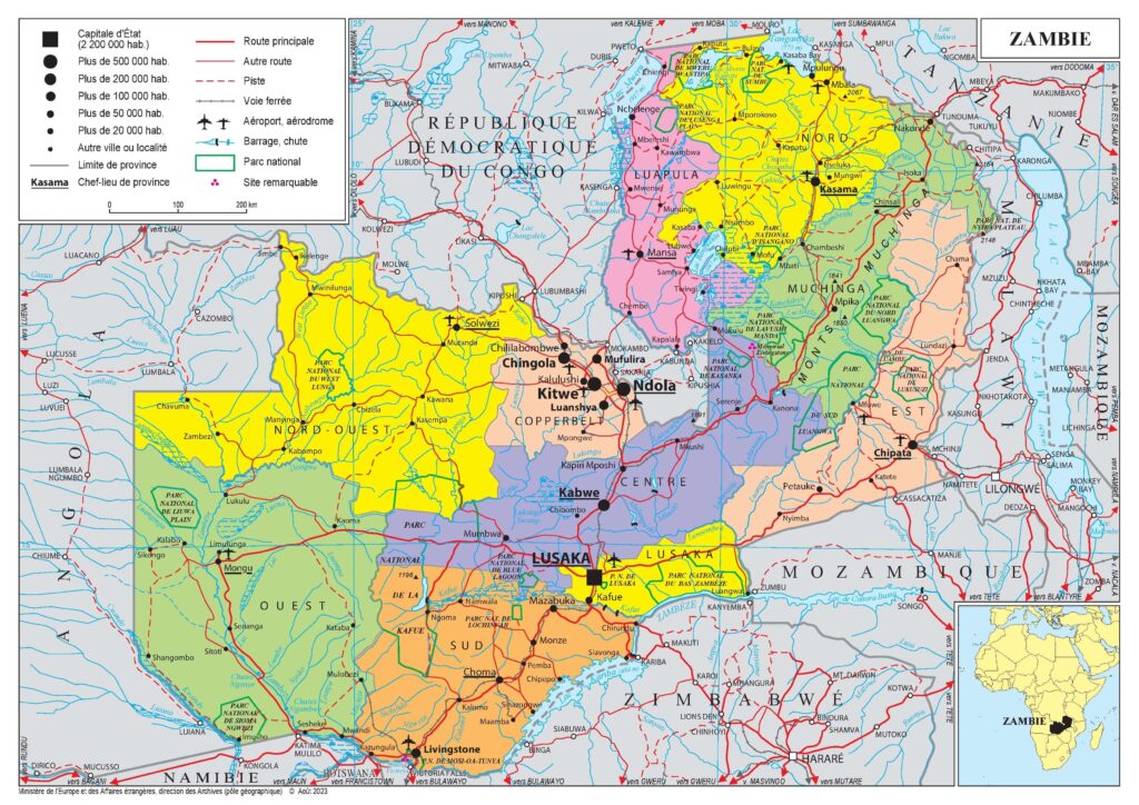 Carte politique de la Zambie.