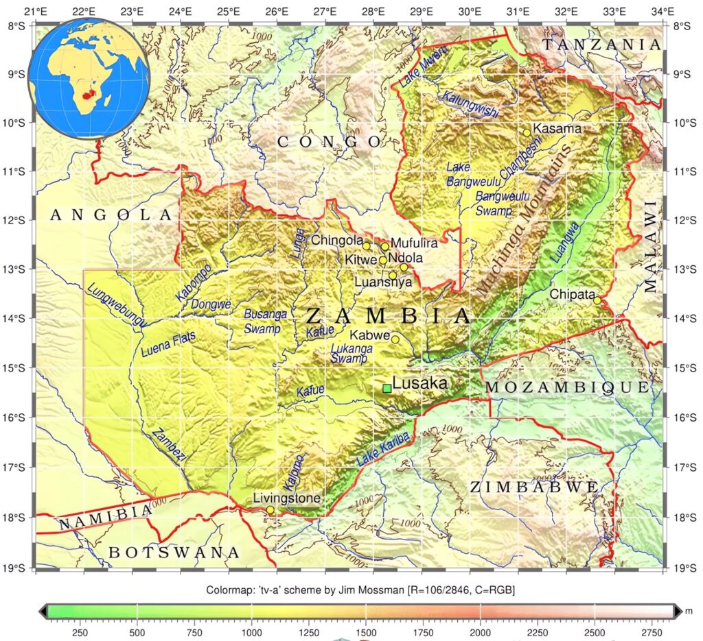 Carte physique de la Zambie.