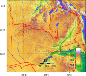 Carte topographique de la Zambie.