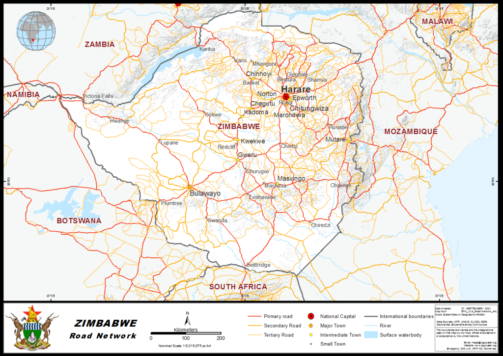 Carte routière du Zimbabwe.