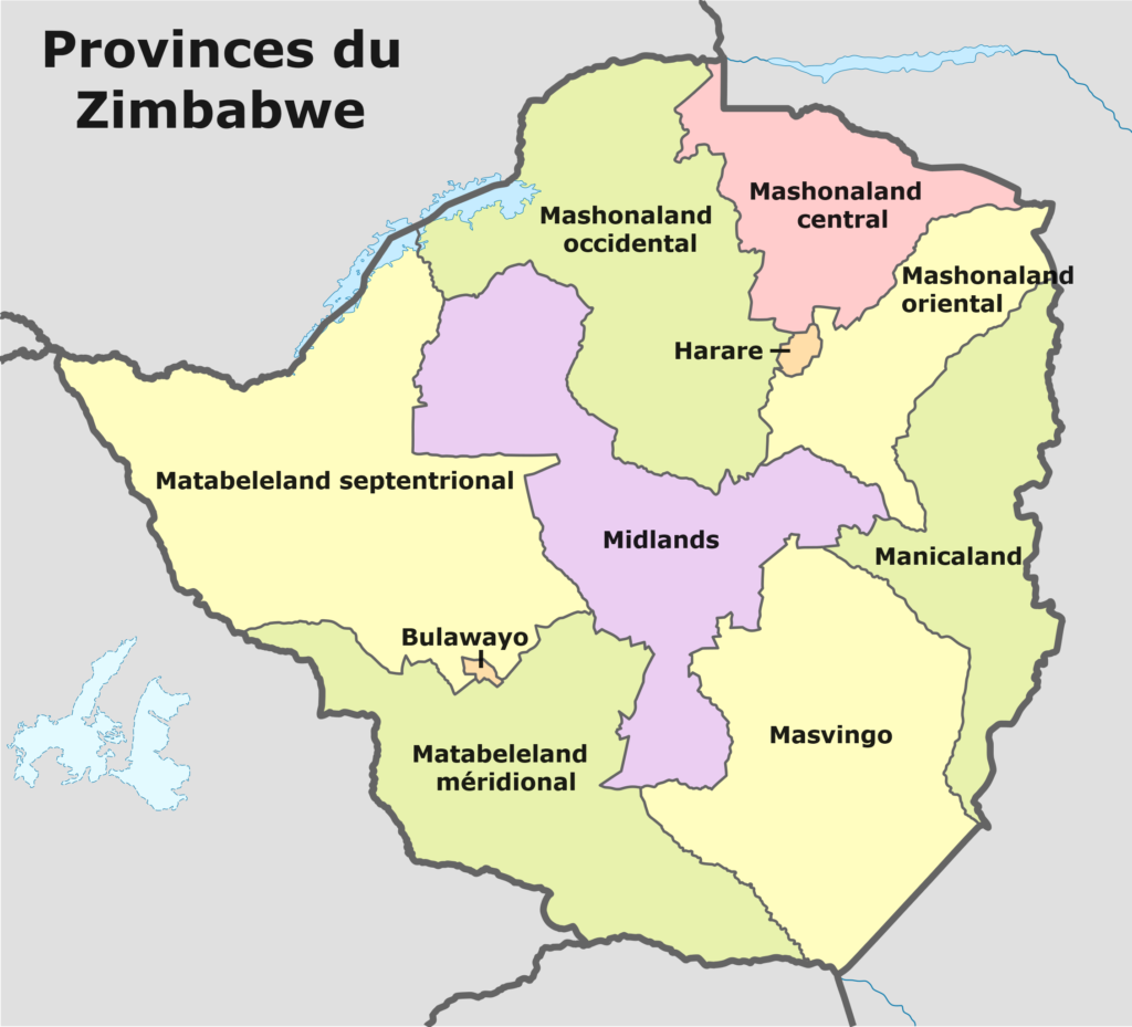 Carte des provinces du Zimbabwe.