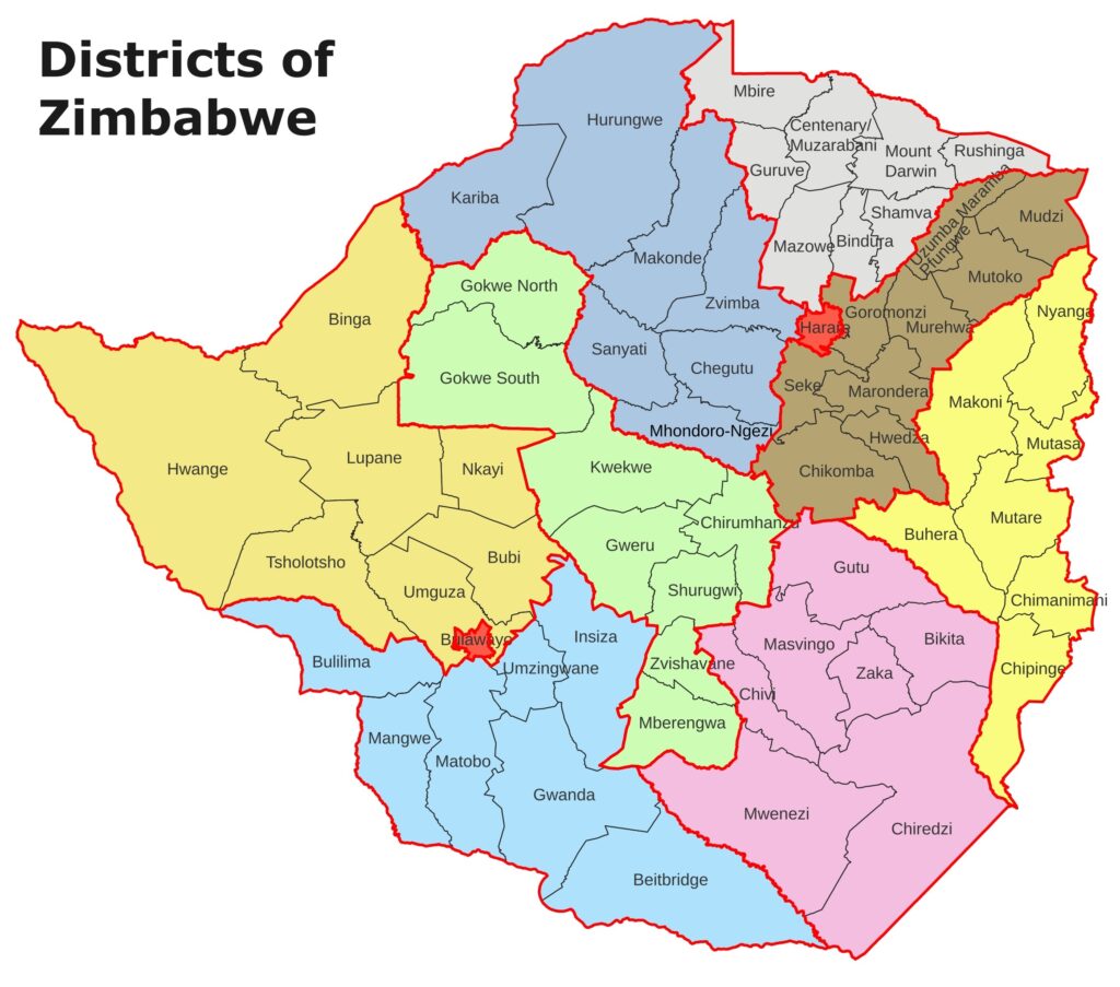 Carte des districts du Zimbabwe.