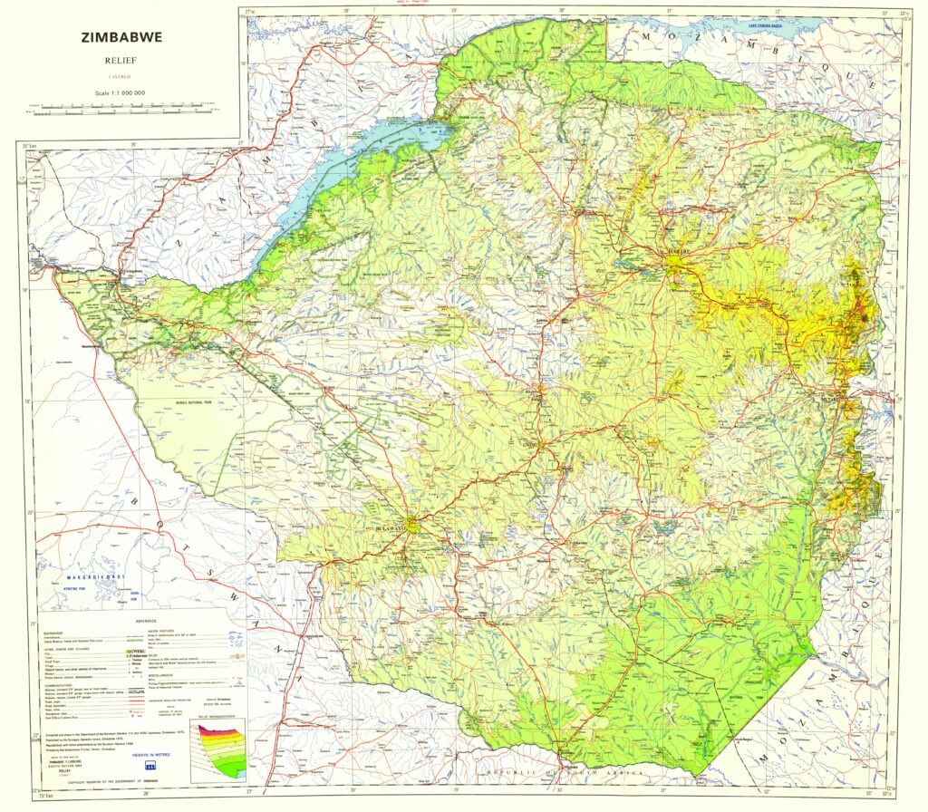 Carte physique du Zimbabwe.