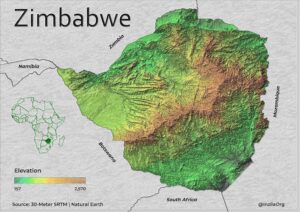 Carte physique tridimensionnelle du Zimbabwe.