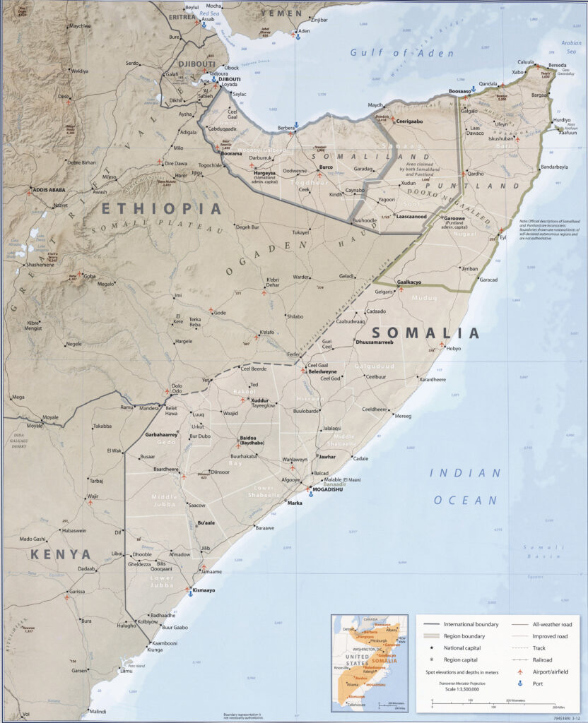 Carte physique de la Somalie.