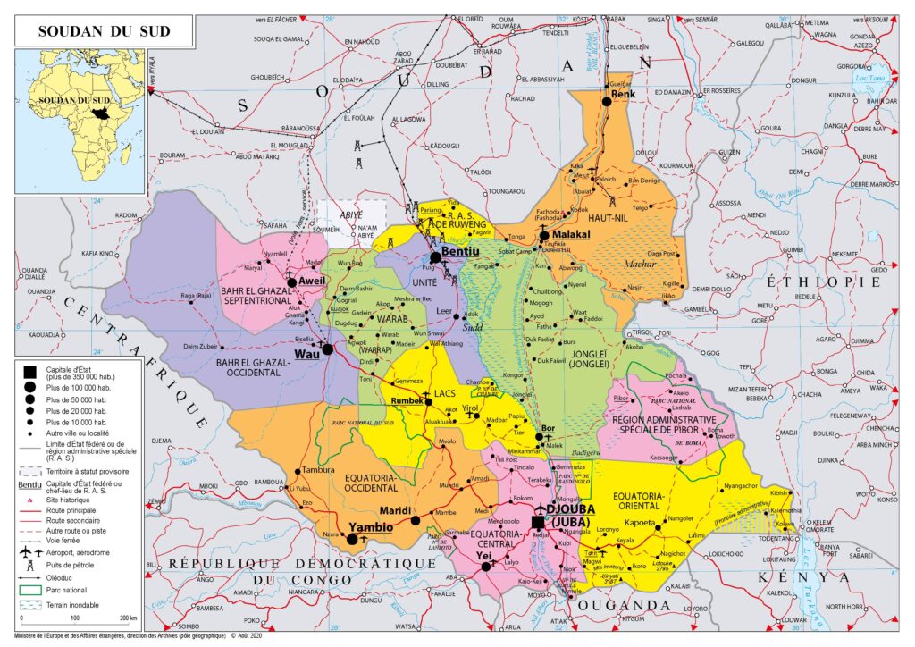 Carte politique du Soudan du Sud.