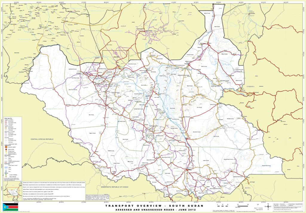 Carte routière du Soudan du Sud.