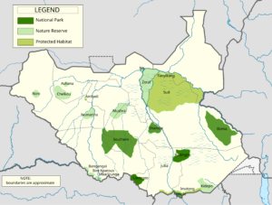 Carte des zones protégées du Soudan du Sud.