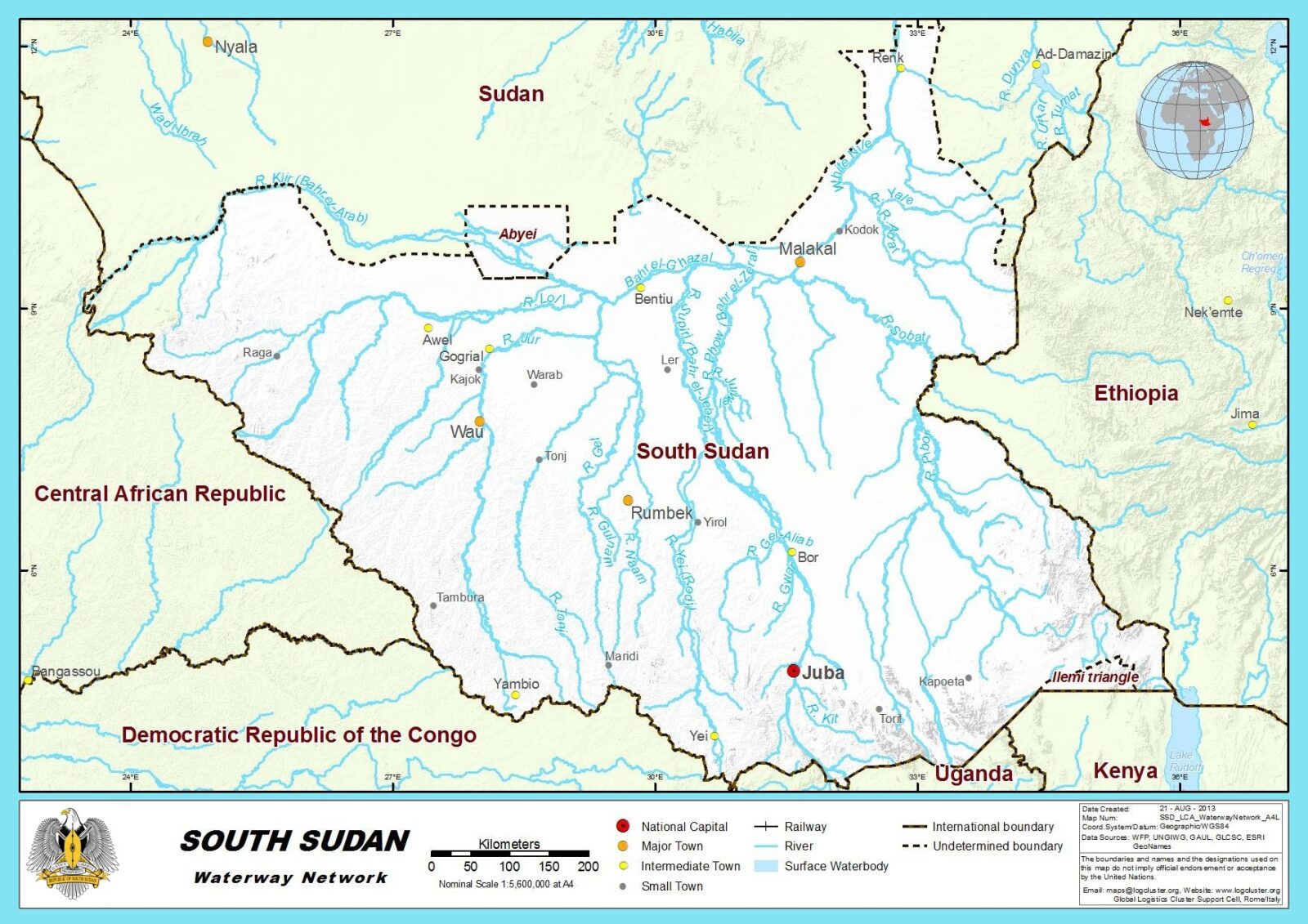 Carte physique du Soudan du Sud