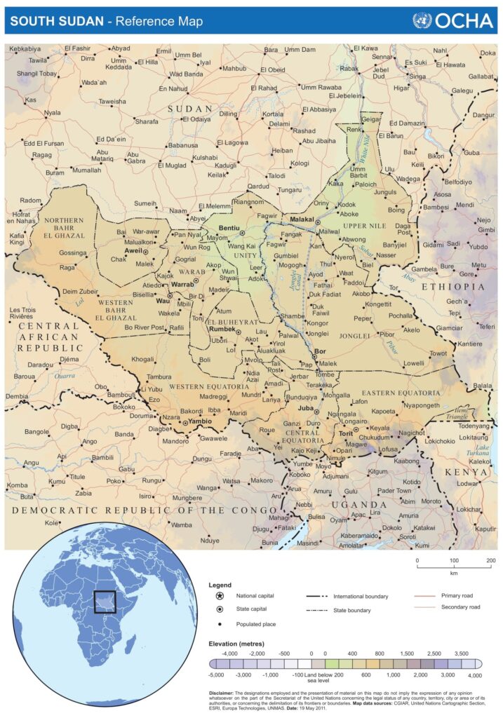 Carte physique du Soudan du Sud.