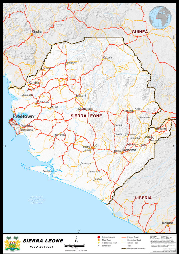 Carte routière de la Sierra Leone.