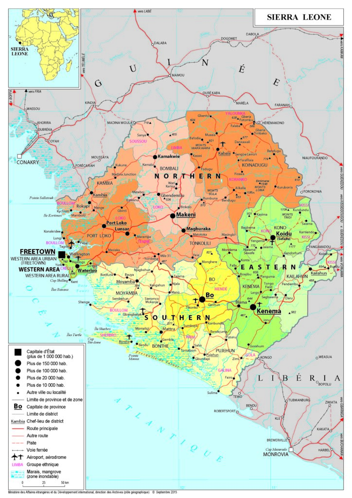 Carte politique de la Sierra Leone.