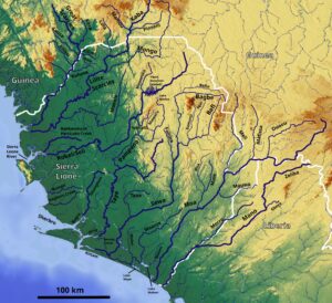 Carte des cours d'eau de la Sierra Leone.