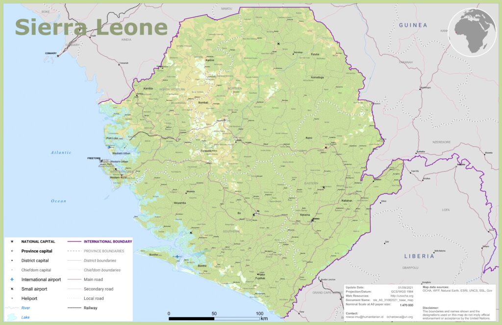 Carte physique de la Sierra Leone.