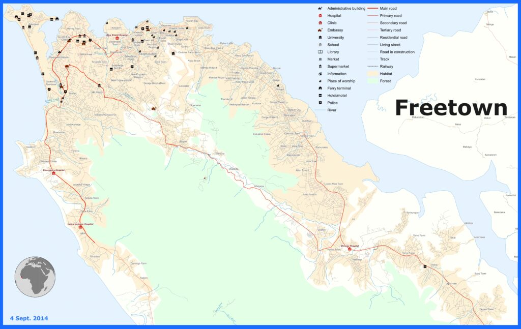 Carte de Freetown, capitale de la Sierra Leone.