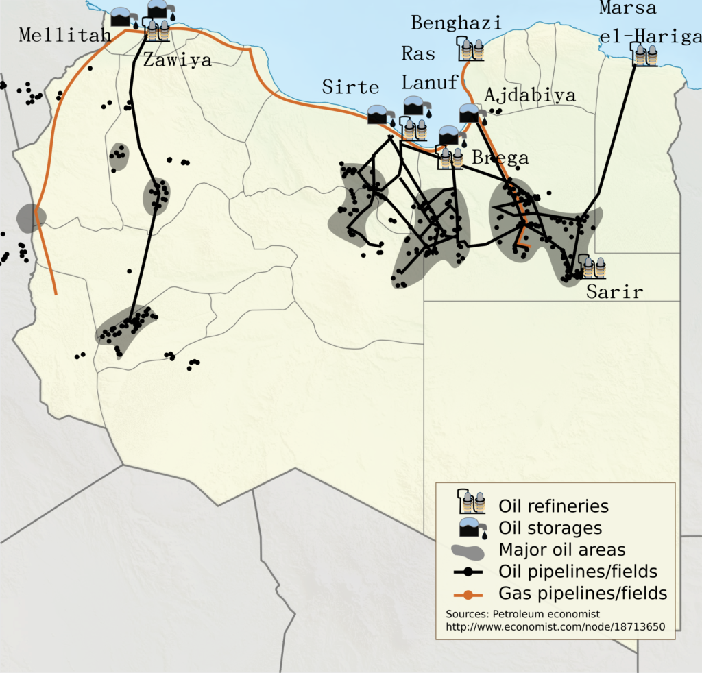 Carte des champs et installations d'hydrocarbures libyens, 2011.