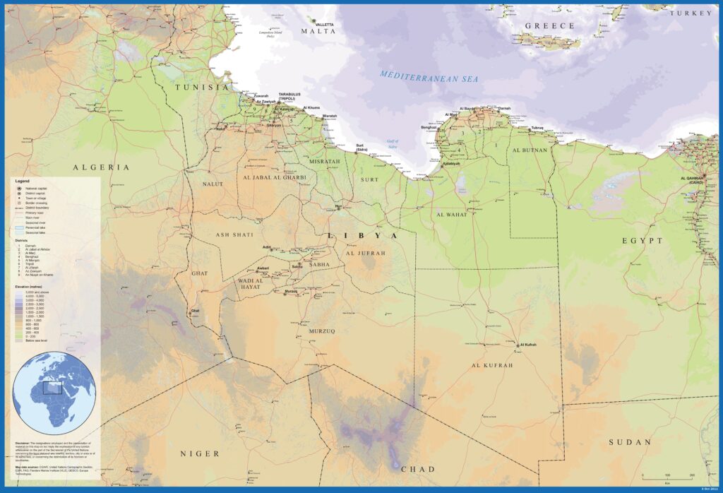 Carte physique de la Libye.