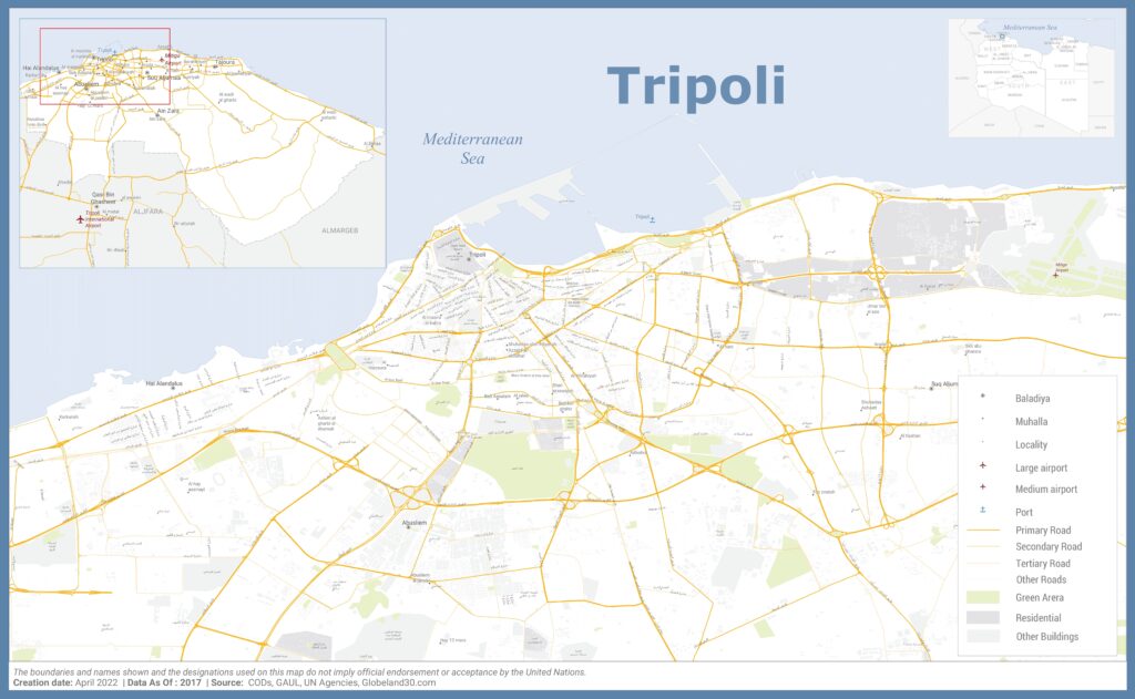 Carte de Tripoli, Libye.