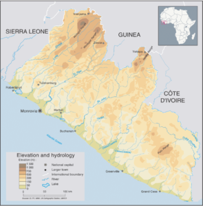 Carte d'élévation et d'hydrologie du Libéria.