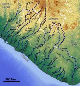 Carte des cours d'eau du Libéria.