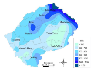 Carte des précipitations annuelles moyennes au Lesotho.