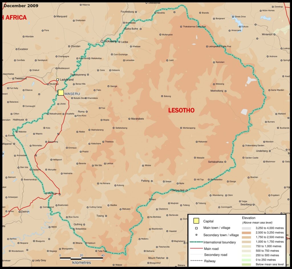 Carte physique du Lesotho