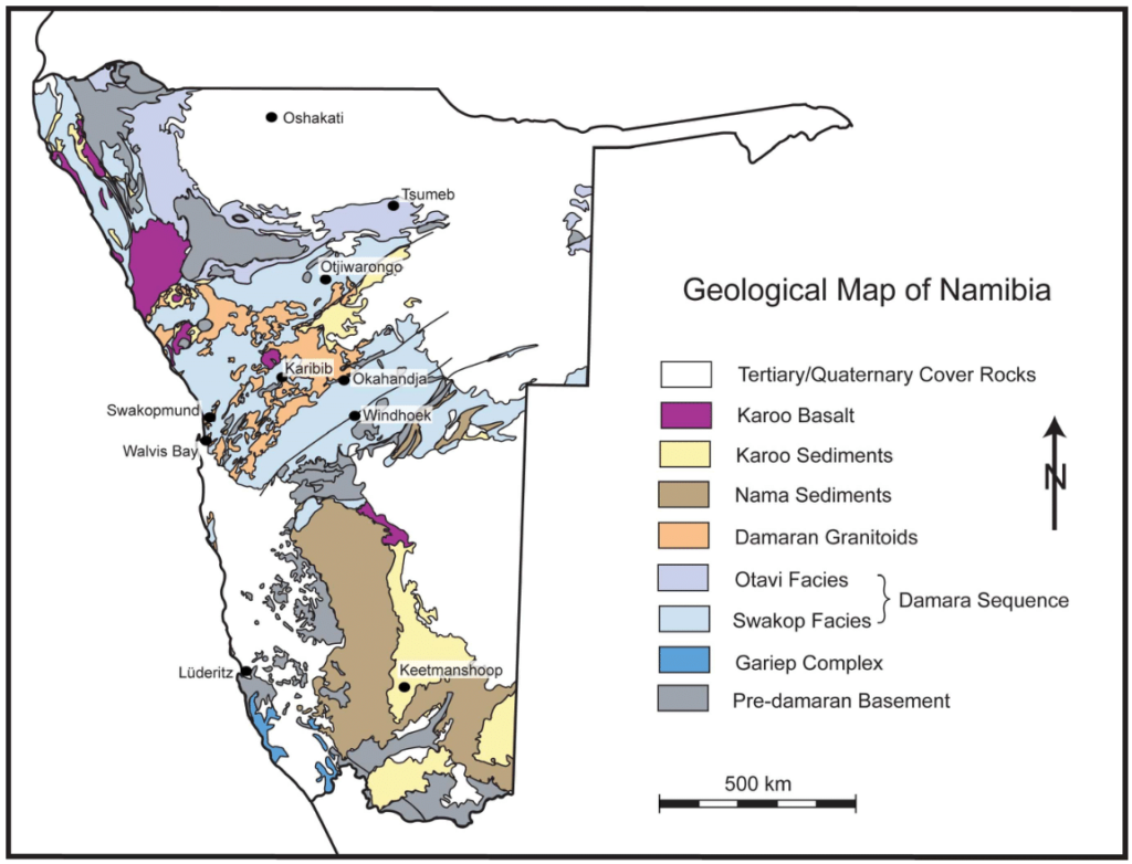 Carte géologique de la Namibie.