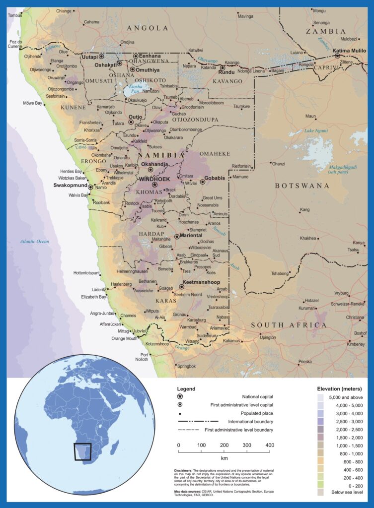 Carte physique de la Namibie.