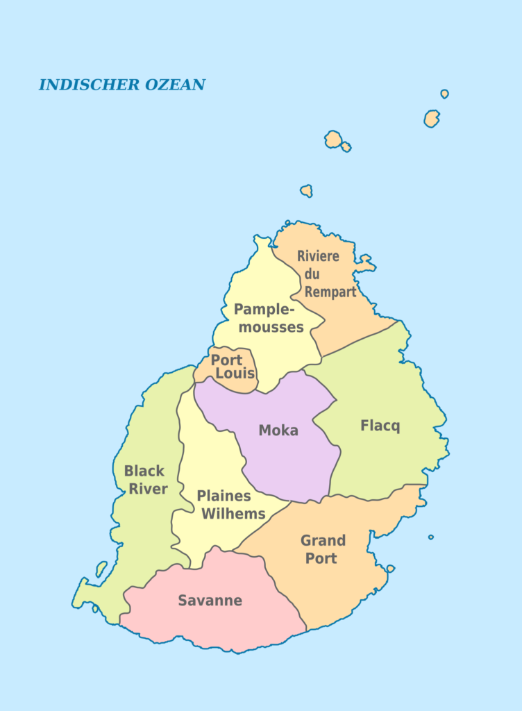 Carte des districts de l'île Maurice.