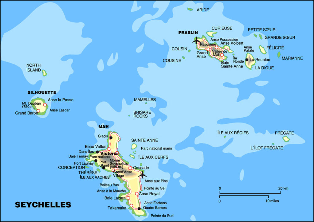 Carte des principales villes des Seychelles.