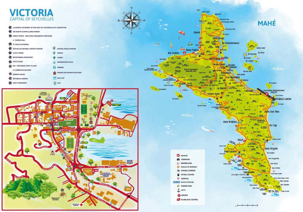 Carte de l'île de Mahé, République des Seychelles.