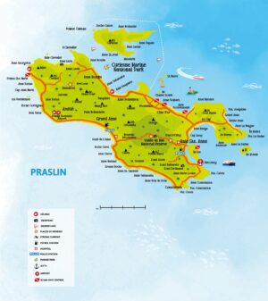 Carte de l’île de Praslin, République des Seychelles