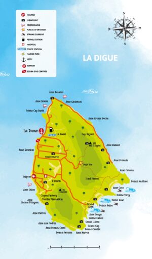 Carte de l’île de La Digue, République des Seychelles